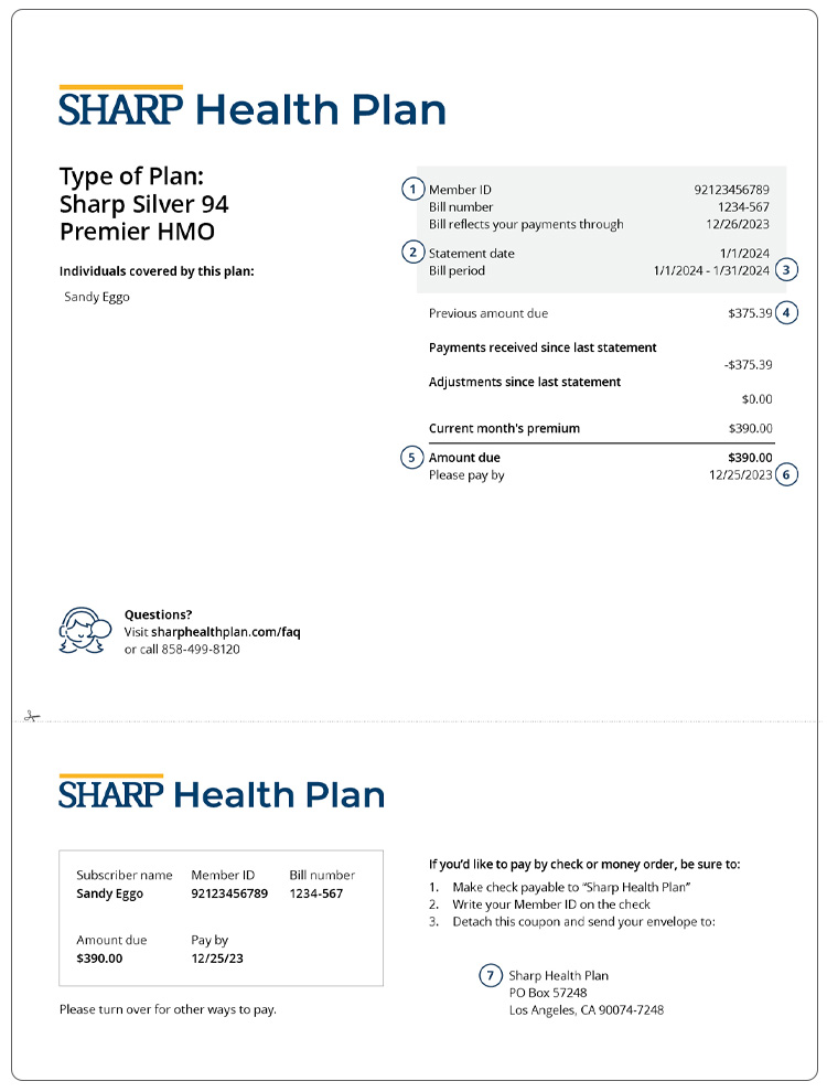 Billing statement for health plan purchased directly from Sharp Health Plan