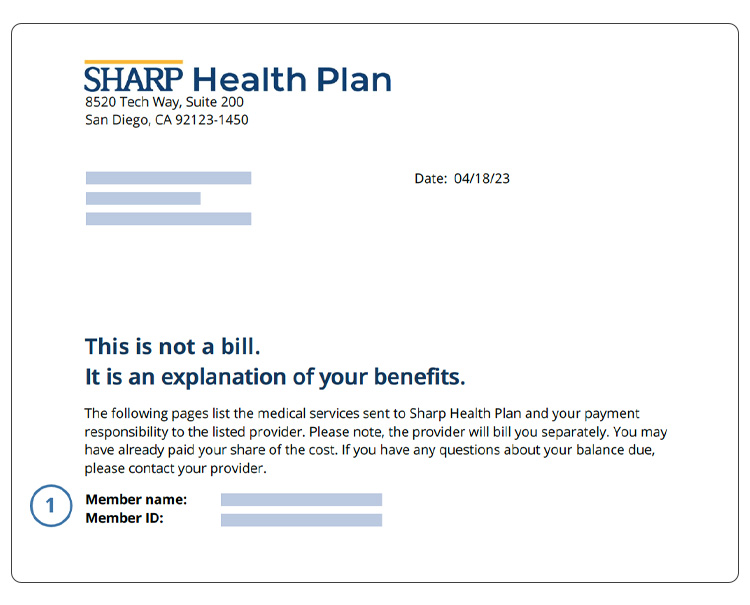 Page 1 of the Sample Individual EOB from Sharp Health Plan