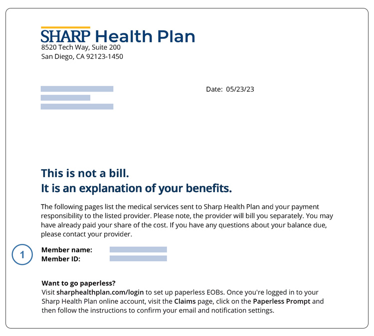 Page 1 of the Sample Summary EOB from Sharp Health Plan