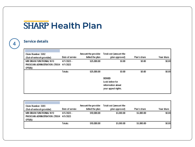 Page 4 of the Sample Summary EOB from Sharp Health Plan