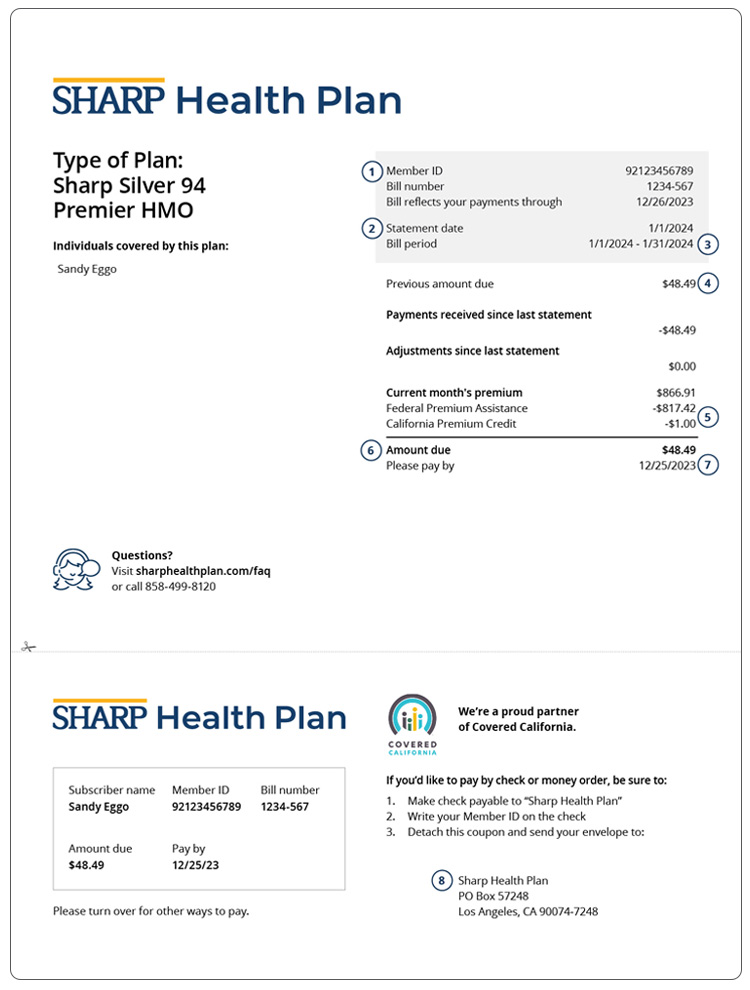 Billing statement for health plan purchased through Covered California