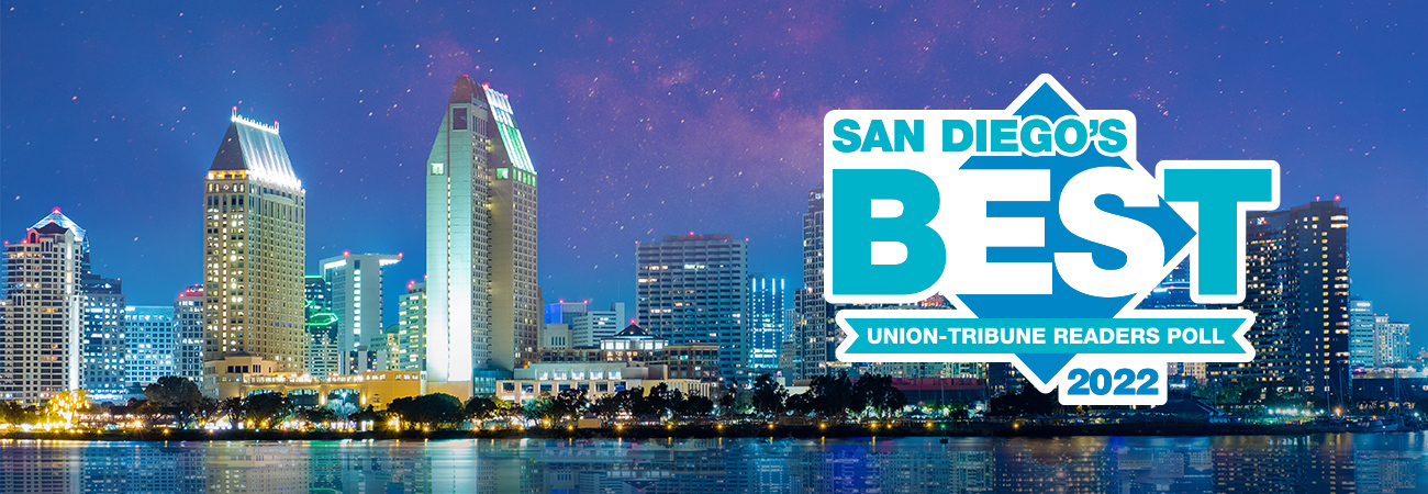 San Diego skyline at night with Union Tribune's Best logo