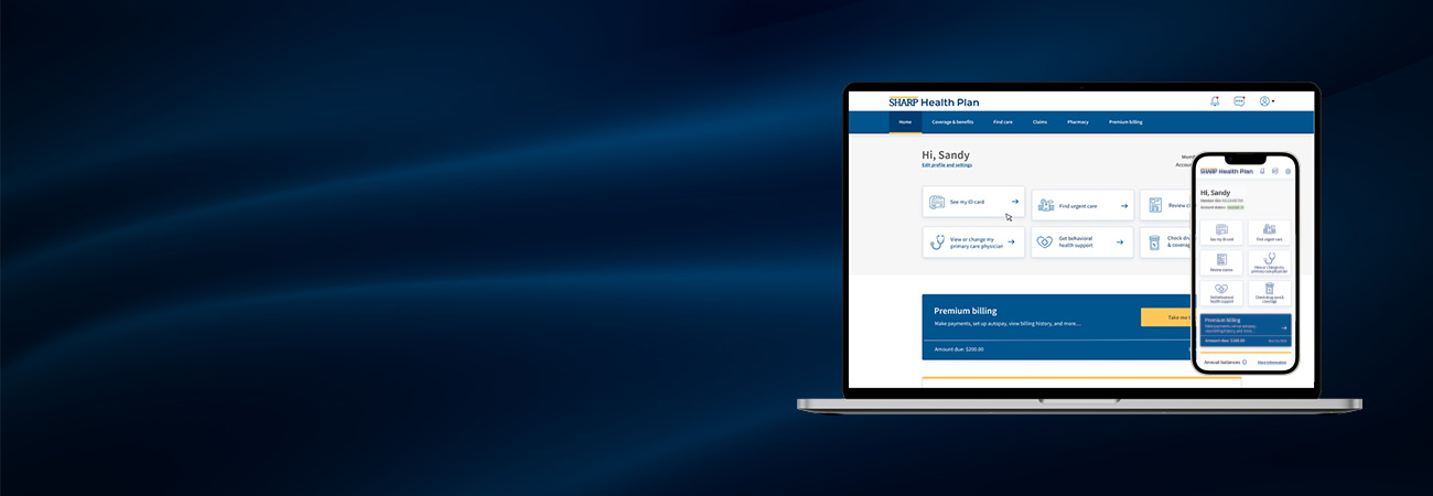 Sharp Health Plan online account on desktop and the Sharp Health Plan mobile app on a mobile device