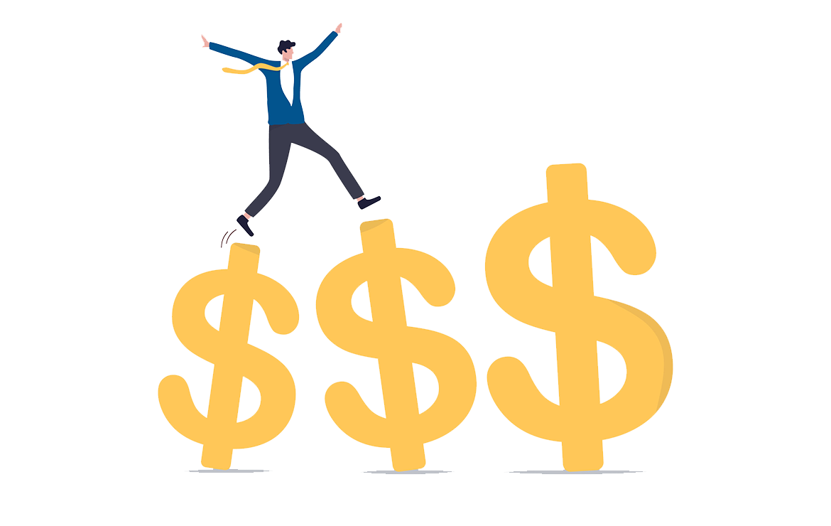Illustration of man walking on top of dollar signs
