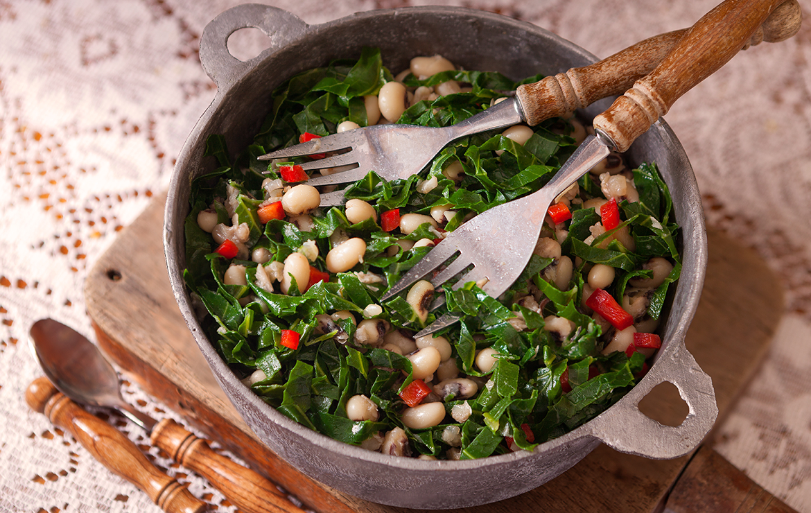 Bowl of collard greens and black-eyed peas