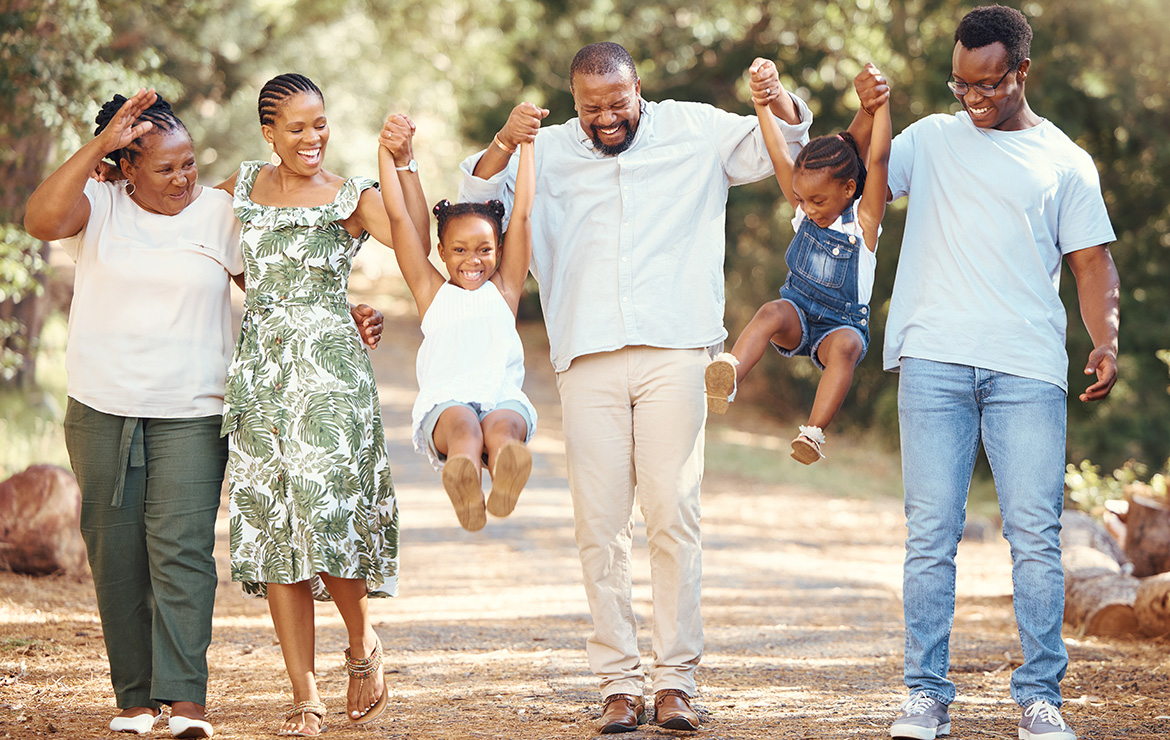 Group photo of family picking up children