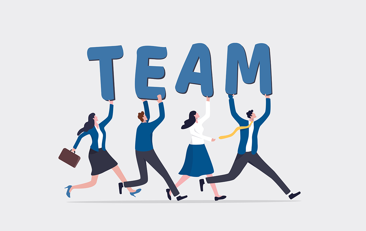 Illustration of people picking up each letter spelling out team