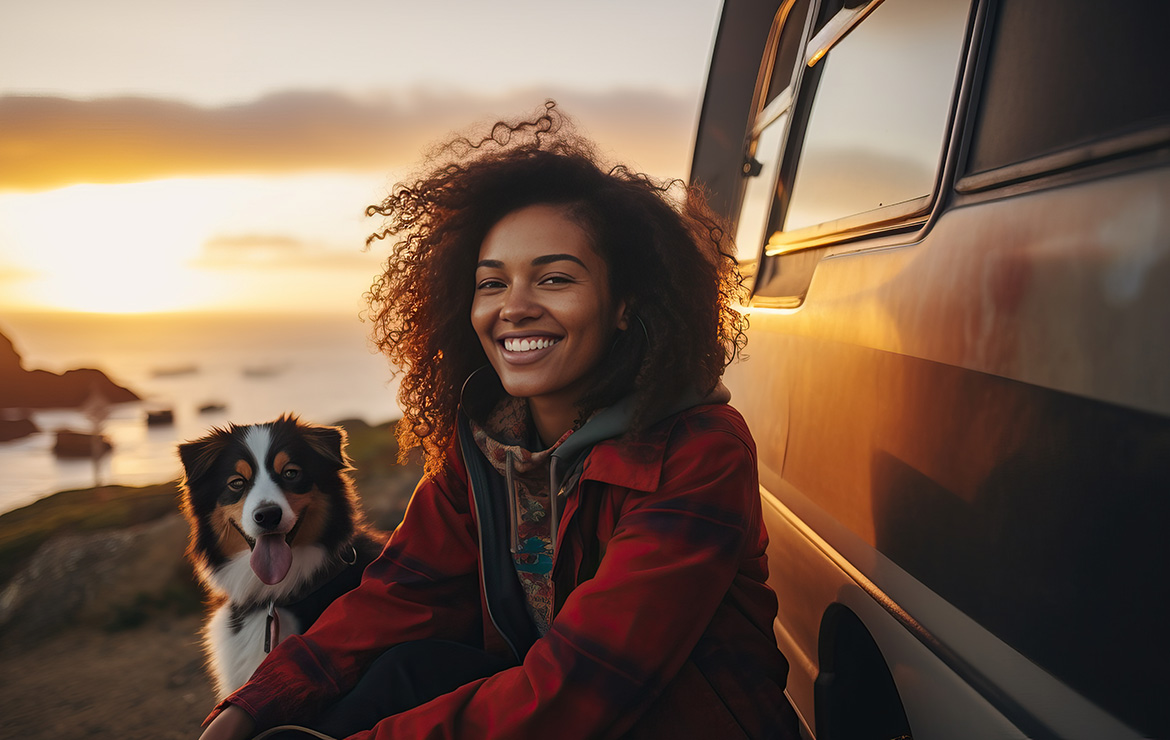 Smiling woman sitting with dog by sunset