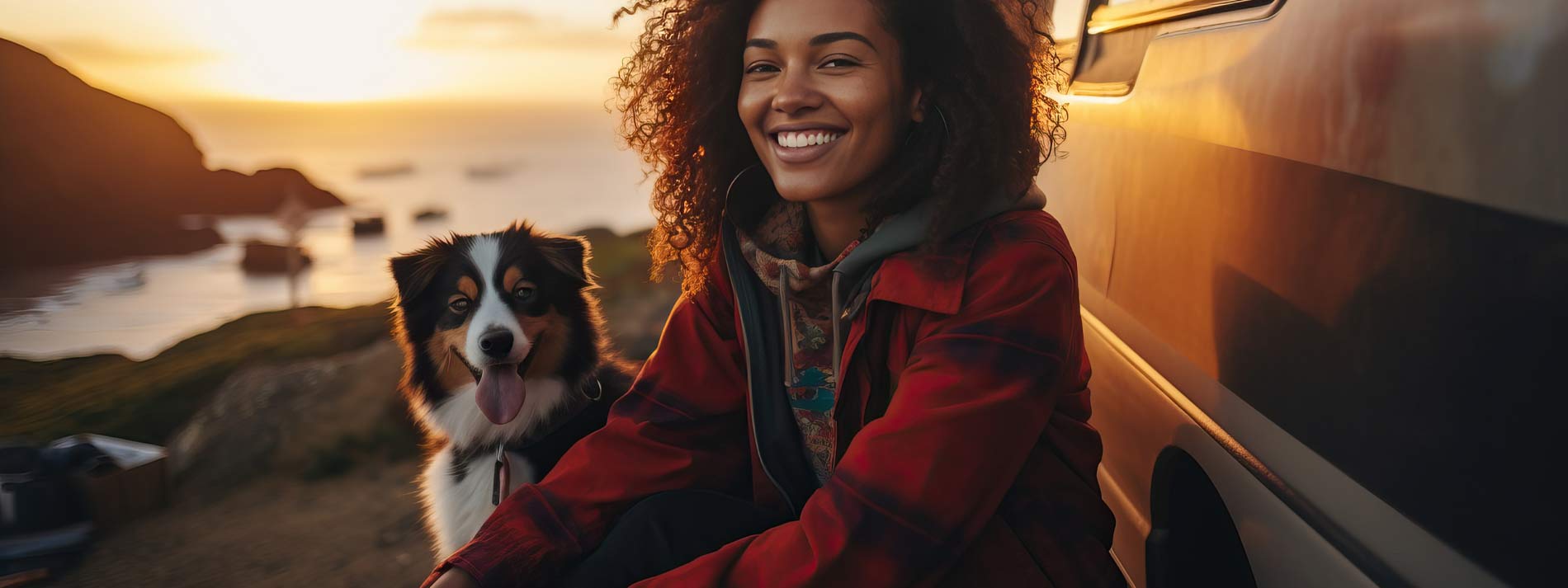 Woman smiling with pet dog outdoors