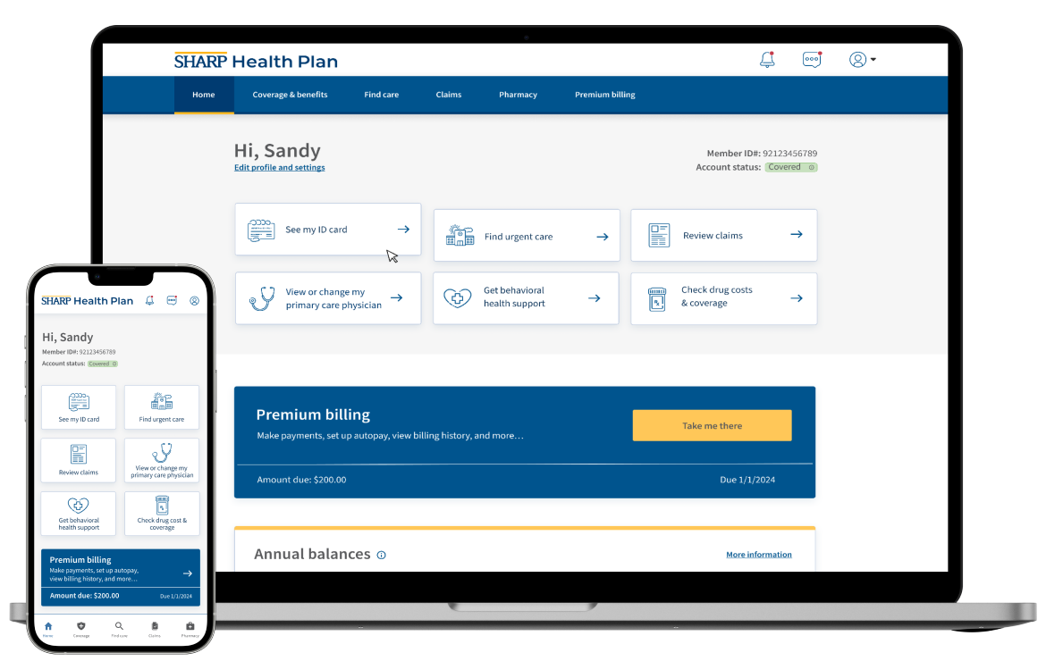 Sharp Health Plan: Member portal desktop and mobile app