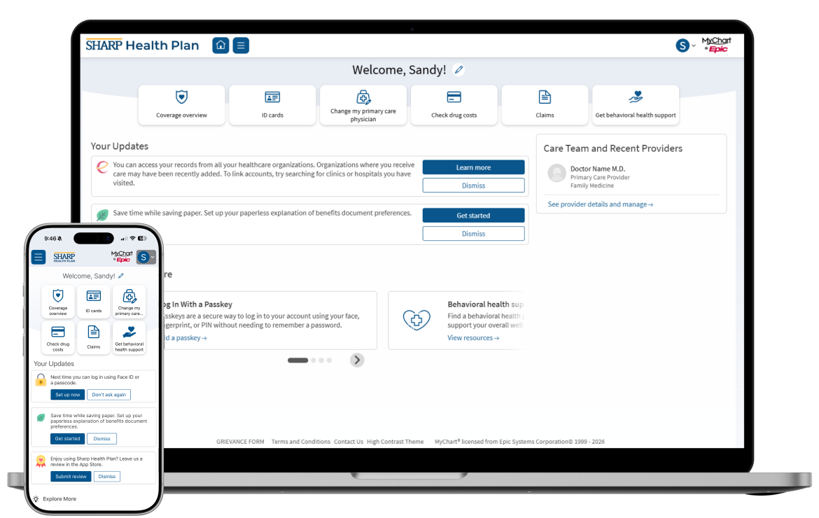 Sharp Health Plan: Member portal desktop and mobile app