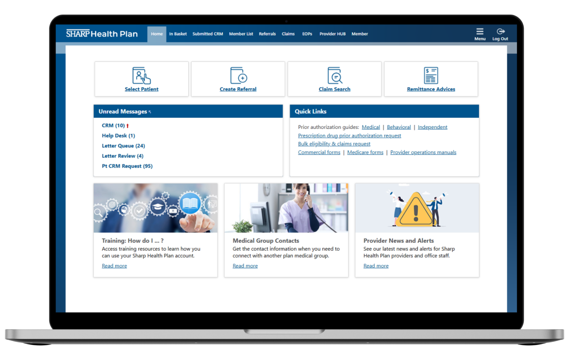 Sharp Health Plan: Provider Portal homepage