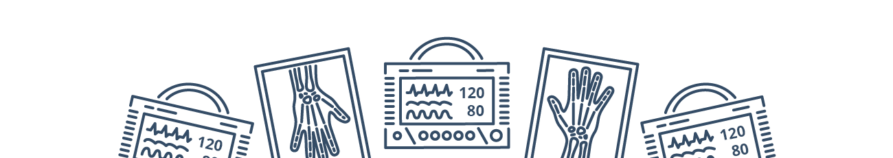 X-rays of hands and heart monitor machines